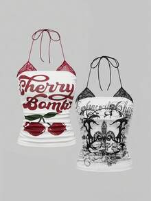 ROMWE 2 件樱桃印花和朋克藤蔓印花撞色蕾丝露背大码紧身背心套装 - 彩色 - 查看 5