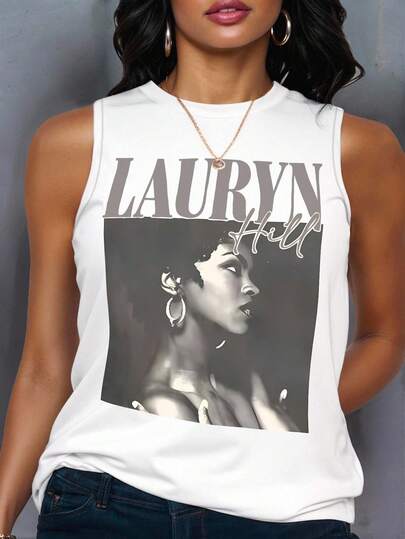 Maweii Plus Size Women Letter And Figure Print Round Neck Casual Tank Top