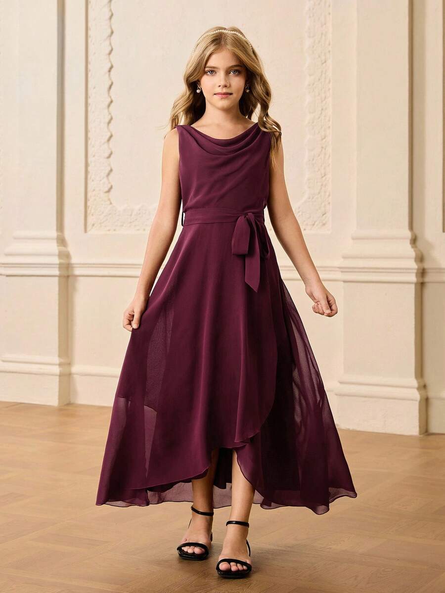 青少年女孩雪纺无袖不对称下摆连衣裙，腰带和蝴蝶结，甜美优雅，适合花童、婚礼、舞会、生日派对、圣诞节、万圣节、毕业典礼 - 酒紅色 - 查看 1