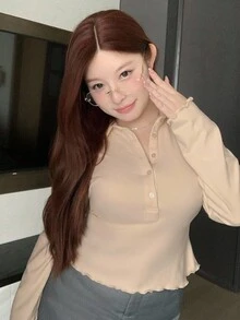 Dazy Plus Plus Size Women's Solid Color Polo Collar Half Placket Long Sleeve Fitted Crop Top T-Shirt