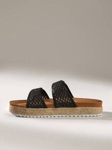 Solecia Women's Straw Woven Round Toe Flat Thick Sole Casual Vacation Beach Holiday Party Afternoon Tea Slip-On Sandals, Apricot - Apricot - View 4