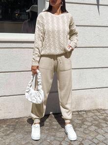 EURMUSE Cable Knit Drop Shoulder Split Hem Sweater & Knit Pants - Apricot - View 3