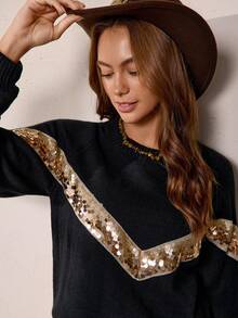 LanaWest Women's Casual Vacation Western Cowgirl Style Sequin Patchwork Raglan Sleeve Sweater, Autumn - Black - View 5