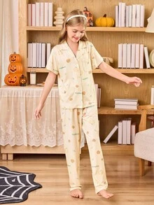 可爱菠萝印花领短袖和裤子女童睡衣套装 - 黃色 - 查看 3