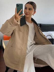 DAZY 女士撞色翻领落肩长袖单排扣多口袋休闲宽松冬季外套 - 卡其色 - 查看 5