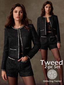 Lilora Women's Elegant 2 Pieces Set:Long Sleeve Cardigan With Ribbon Design And Shorts,Autumn,Formal,Black And Silver,Old Money Style,Vintage,Business,Chic - Black - View 8