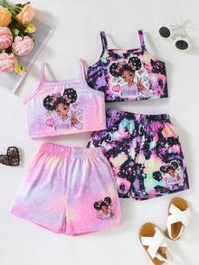 SHEIN 2pcs/Set Young Girl Camisole And Shorts, Summer Casual Outfit With Personalized, Featuring Space Graffiti Pattern Camisole Top And Matching Shorts, Suitable For Outdoor, Beach, Suitable For Girls