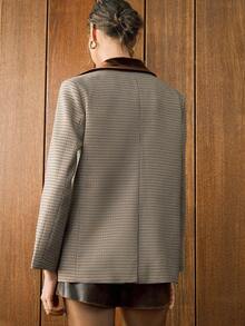 Arave 女式秋季翻领长袖天鹅绒拼布千鸟格西装外套 - 咖啡棕 - 查看 3