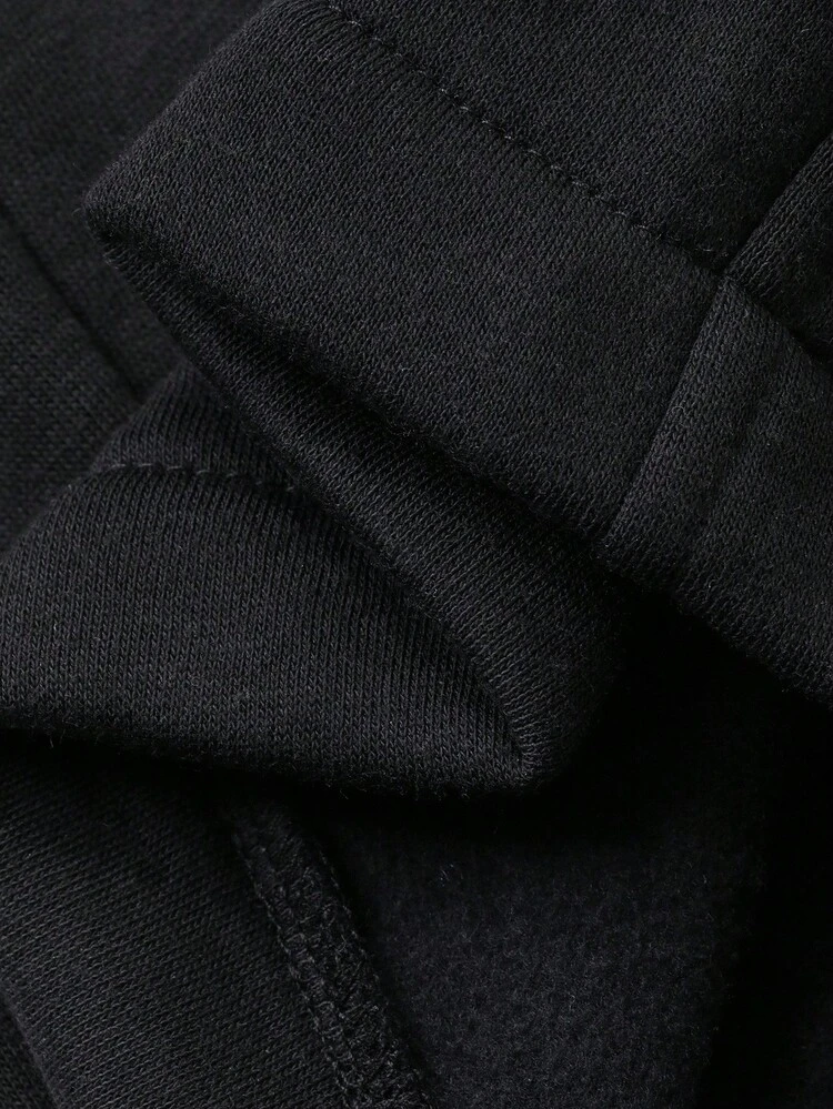 Gothic Letter Print Black Street Style Fleece Hoodie Set For Men, Autumn/Winter