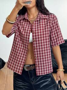 StreetHx Streetwear Women Plaid Zip Pocket Short Sleeve Shirt