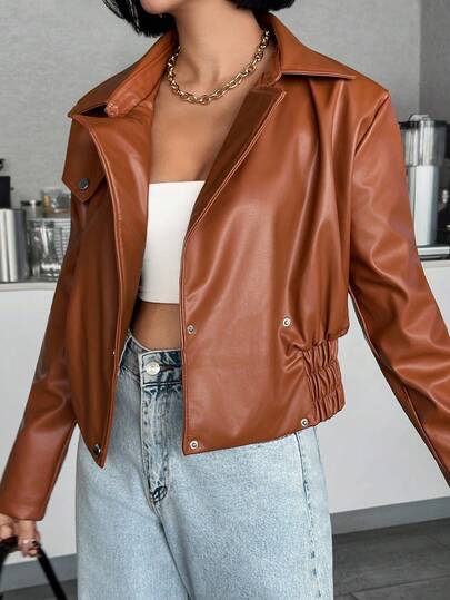 SHEIN Women's Solid Color Long Sleeve Single-Breasted PU Leather Casual Jacket, Autumn
