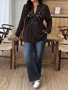 Weeklong Plus Size Rhinestone Decor Notch Collar Front Button Casual Roll Up Sleeve Shirt - Brown - View 3