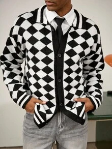 Manfinity Homme Herren Rhombus Muster Langarm Einreiher Lässig Strickjacke, Herbst - Verschiedenfarbig - Übersicht 4