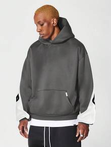 SUMWON Oversized Drawstring Hoodie With Curved Back Lettering Urban Streetwear Contemporary Cut And Sew Block Panel Centre Pocket Layering Pullover - Dark Grey - View 2