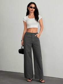 SHEIN PETITE 女士休闲时尚夏季度假条纹印花口袋宽松长裤，适合日常穿着 - 深灰色 - 查看 6