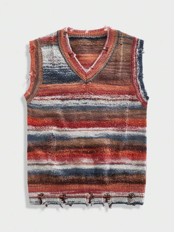 EASEVO Plus Size Men's Vintage Color Block V-Neck Distressed Sweater Vest, Autumn, For Fall Winter