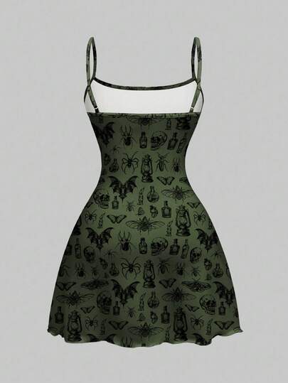 Goth Gothic Dark Mysterious Sexy Skeleton Halloween Green Black Moth Butterfly Cross All-Over Print Mini Dress For Women