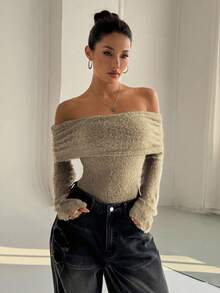 Flirla 秋冬款厚款露肩高领长袖连体衣 - 卡其色 - 查看 3