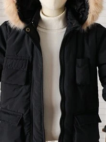 Áo khoác parka trùm đầu dày cho bé trai, cổ lông giả, khóa kéo, túi, tay dài, thời trang cho mùa thu/đông - màu đen - Xem 8
