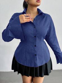 POPSWAY Camisa de manga larga a rayas con ajuste para tallas grandes - Azul - Ver 4