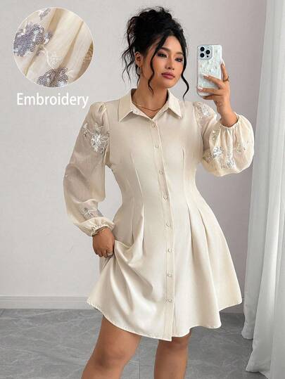 Elenzga 大码纯色亮片刺绣拼布长袖连衣裙，春秋装