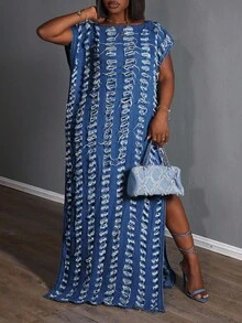 Slaydiva Váy Maxi Denim Xẻ Tà Bên Hông Thời Trang Cỡ Lớn - Màu xanh lam - Xem 6