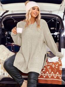 SHEIN LUNE Plus Size Casual Solid Color Side Slit Sweater, Autumn/Winter - Apricot - View 1
