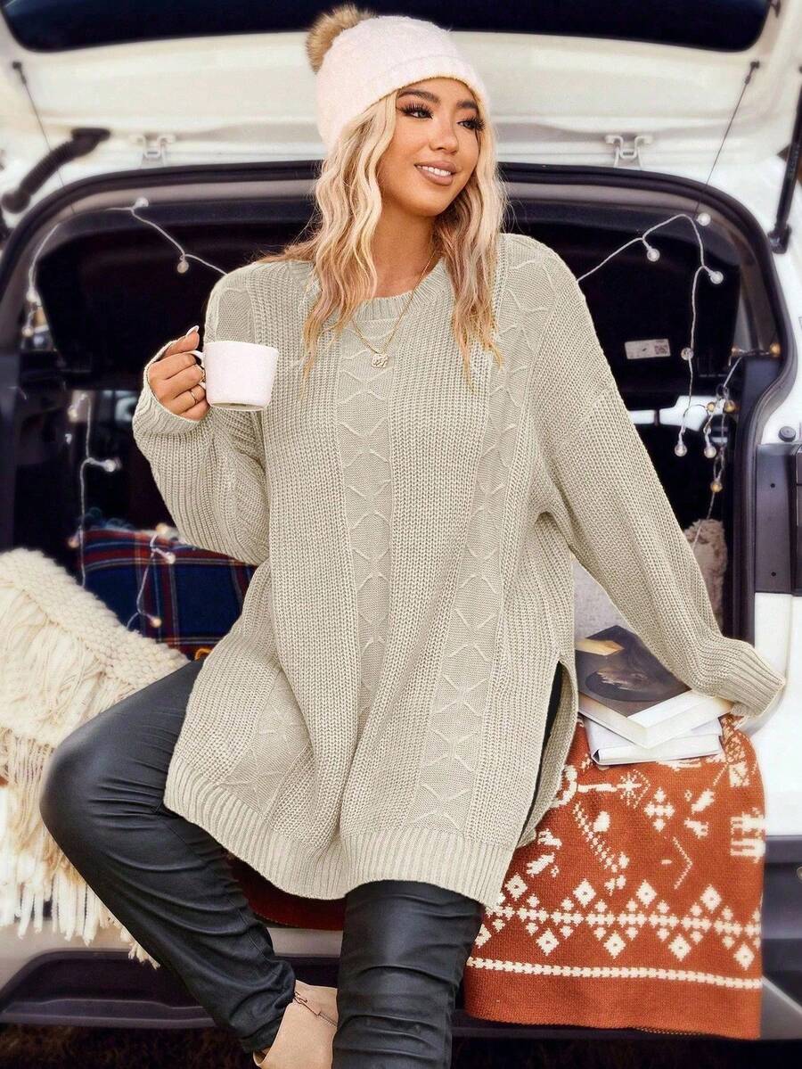 SHEIN LUNE Plus Size Casual Solid Color Side Slit Sweater, Autumn/Winter - Apricot - View 1
