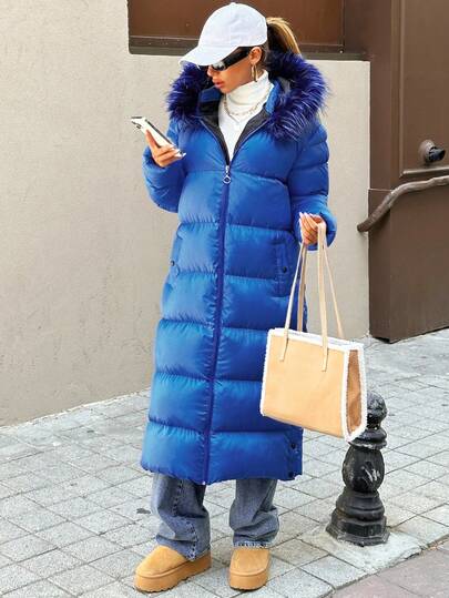 EURMUSE Faux Fur Hoodie Detailed Zip Up Oversized Fit Stylish Padded Long Winter Coat