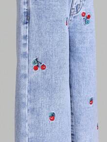 Sparklyn 女童浅蓝色樱桃刺绣牛仔裤，高腰宽松直筒休闲裤，时尚贴身，适合度假和休闲外出 - 淺色水洗藍 - 查看 5