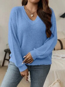 Calvaya Suéter informal de talla grande de unicolor con cuello en V y hombros caídos, otoño/invierno - Celeste - Ver 5