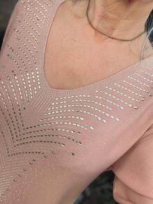 Livesso Vestido holgado midi con escote en V y adornos de rhinestones para mujer - Rosa - Ver 8