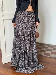 Sunnyshic Velvet Leopard Print Layered Ruffle Patchwork Skirt, Bohemian Elegant Cute Fashion Versatile For Work, Casual, Date, Autumn/Winter - Multicolor - View 3