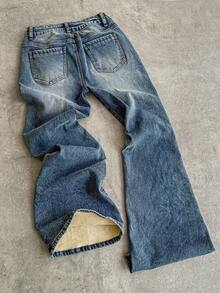 Attitoon 女式休闲百搭纽扣口袋保暖内衬牛仔裤