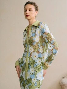 Arave Elegante blusa con colletto floreale, adatta per l'ufficio e gli spostamenti