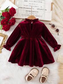 优雅天鹅绒与撞色蕾丝长袖女婴连衣裙 - 綠色 - 查看 3