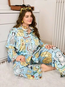 Chillnights INS 动物可爱狗狗印花缎面翻领上衣和裤子加大码睡衣套装，女童连体睡衣，狗狗睡衣，恐龙睡衣，卡通睡衣，秋冬服装