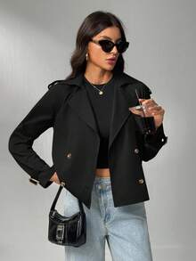 SHEIN Tall Áo khoác dạ ngắn màu đen thường ngày dành cho nữ có cổ ve và tay áo dài raglan bằng vải dệt có túi Áo khoác blazer cho nữ Áo khoác đen Áo khoác blazer ngắn cho nữ Áo khoác blazer nữ Quần áo thu đông cho nữ - màu đen - Xem 5