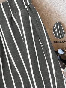 SHEIN PETITE CURVE Plus Size Casual Commuter Striped Wide Leg Linen Cotton Pants - Black - View 4