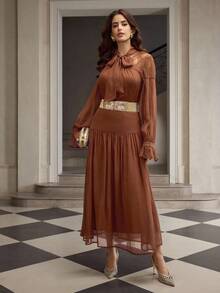 ZEYLAH Lace Patchwork Long Sleeve Flowy Blouse & Skirt Elegant 2-Piece Set - Coffee Brown - View 5