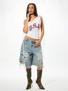 SUMWON WOMEN Jersey Stud Embellished One Shoulder Lace Up Back Top With USA Varsity Print - White - View 3