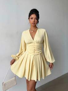 Siren Gaze 女士优雅秋季秋季服装奶油色连衣裙，2025 年新款时尚深 V 领灯笼长袖迷你连衣裙，腰部褶饰纽扣，别致 A 字裙，适合派对约会工作通勤街头服饰 - 黃色 - 查看 6