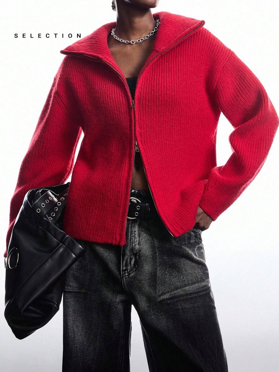 LYSMO SELECTION Women's Fall Clothes Stand Collar Zip-Up Loose Raglan Sweater Red Sweater Red Turtleneck Sweater Red Cardigan For Going Out Outfits, Back To School, Graduation, Streetwear, Grunge And Punk Chic, Y2K Clothes And Stockholm Style Gothic Clothes Halloween Costumes,Christmas Sweater - Red - View 1