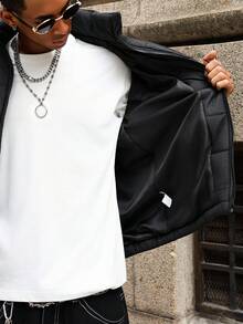 Major Grit Manfinity Streetrush Men's Warm Quilted Padded Winter Black Puffer Jacket,Black And White,Streetwear,Work Cropped Zip Up Coat With 23 Patterns Y2k - Black - View 7