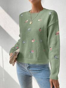 EMERY ROSE Áo len dài tay cổ tròn thêu hoa nhiều màu sắc dành cho nữ - màu xanh lá - Xem 5