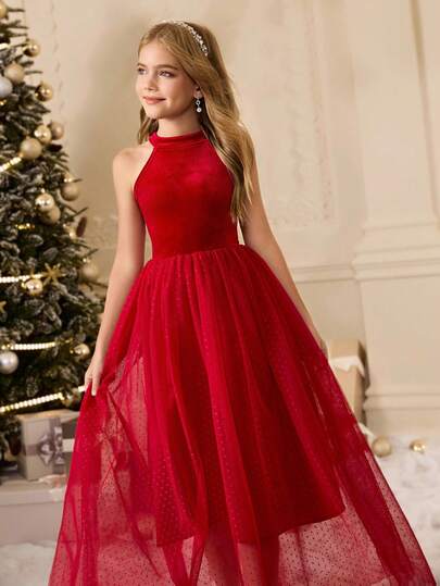 青少年女孩优雅复古高领无袖高腰长款天鹅绒拼布波尔卡圆点薄纱蓬松连衣裙，酒红色公主裙，适合毕业典礼、舞会、圣诞派对、生日