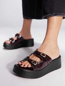 Sugerpunk Sandali con plateau da donna alla moda, suola spessa nera, eleganti con fibbia metallica bordeaux, adatti per strada e feste - Bordò - Visualizzare 2