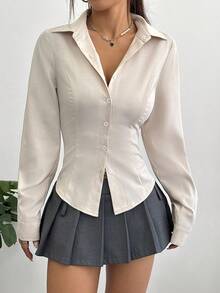 SHEIN PETITE 1pc Women's Apricot Woven Fabric Shirt, Waist Cinched, Button Up, Suitable For Workplace, Street, Casual, Commute, Spring/Autumn ,Petite Women - Apricot - View 3