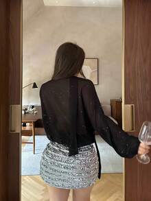 Flirla Áo sơ mi nâu cỡ lớn cho nữ có cổ thắt cà vạt, áo khoác ngoài thanh lịch thường ngày khi đi làm - màu nâu - Xem 4