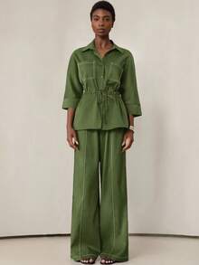 Aveloria Modichic Summer New Women's Cinched Waist Design Lapel 3/4 Sleeve Loose Casual Jumpsuit, Tie-Waist Commuter Style Two Pieces Set